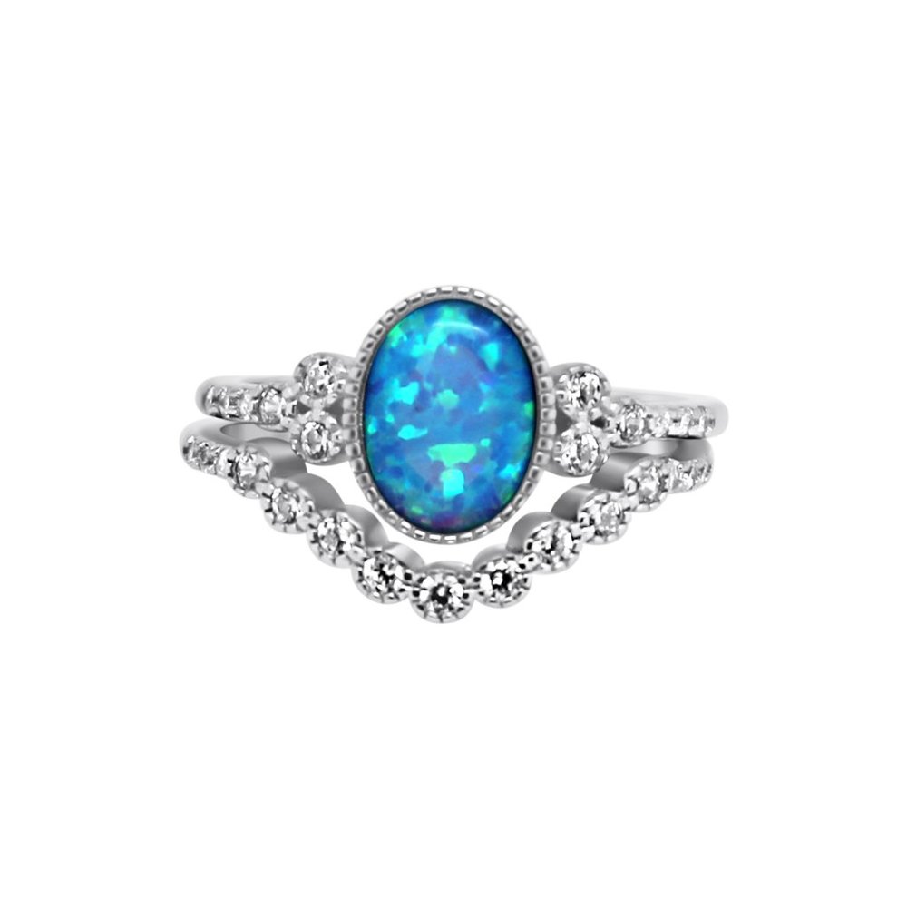 Blue Opal & CZ Double Band Sterling Silver Ring